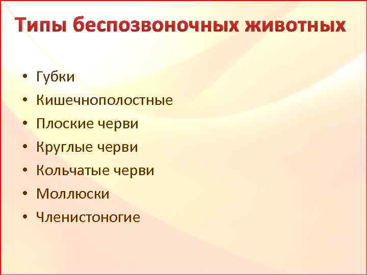 Типы беспозвоночных животных • • Губки Кишечнополостные Плоские черви Круглые черви Кольчатые черви Моллюски