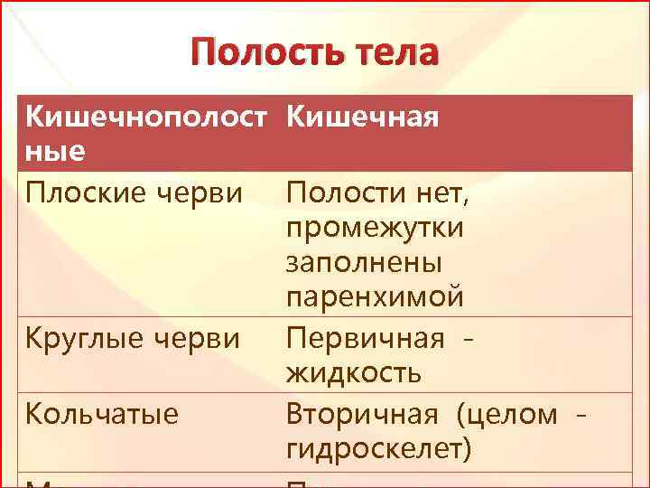 Полость тела Кишечнополост Кишечная ные Плоские черви Полости нет, промежутки заполнены паренхимой Круглые черви