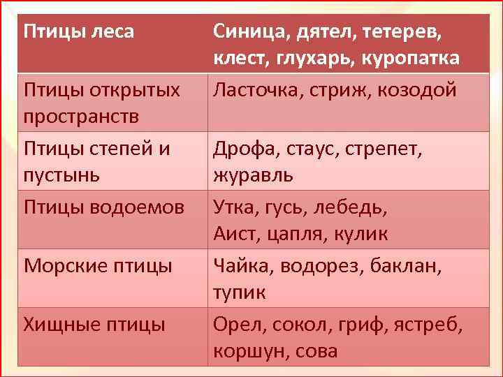 Птицы леса Птицы открытых пространств Птицы степей и пустынь Птицы водоемов Морские птицы Хищные