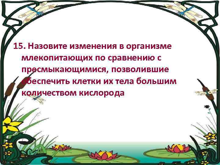 15. Назовите изменения в организме млекопитающих по сравнению с пресмыкающимися, позволившие обеспечить клетки их