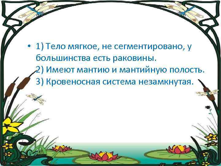  • 1) Тело мягкое, не сегментировано, у большинства есть раковины. 2) Имеют мантию