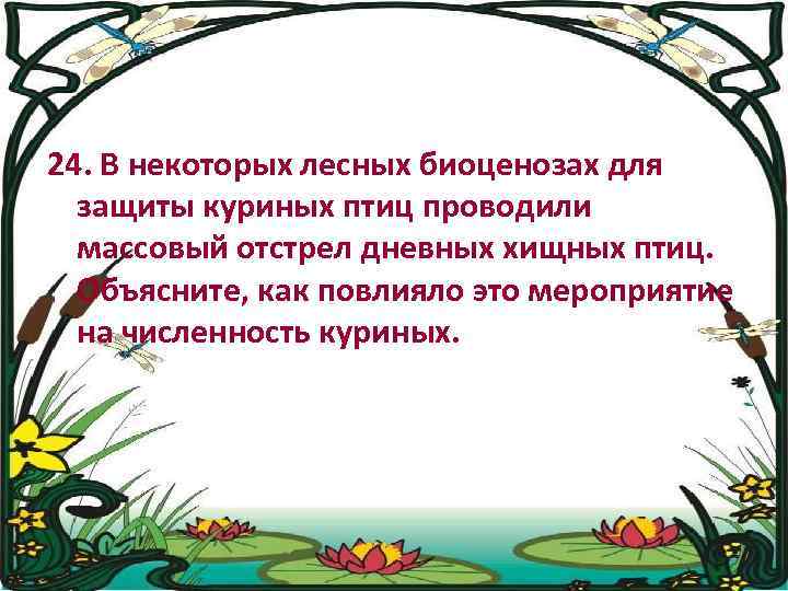 24. В некоторых лесных биоценозах для защиты куриных птиц проводили массовый отстрел дневных хищных