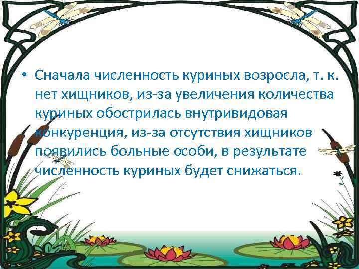  • Сначала численность куриных возросла, т. к. нет хищников, из-за увеличения количества куриных