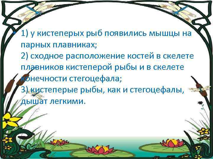  • 1) у кистеперых рыб появились мышцы на парных плавниках; 2) сходное расположение