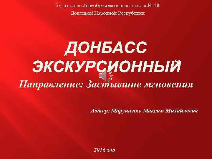 Зугрэсская общеобразовательная школа № 10 Донецкой Народной Республики ДОНБАСС ЭКСКУРСИОННЫЙ Направление: Застывшие мгновения Автор: