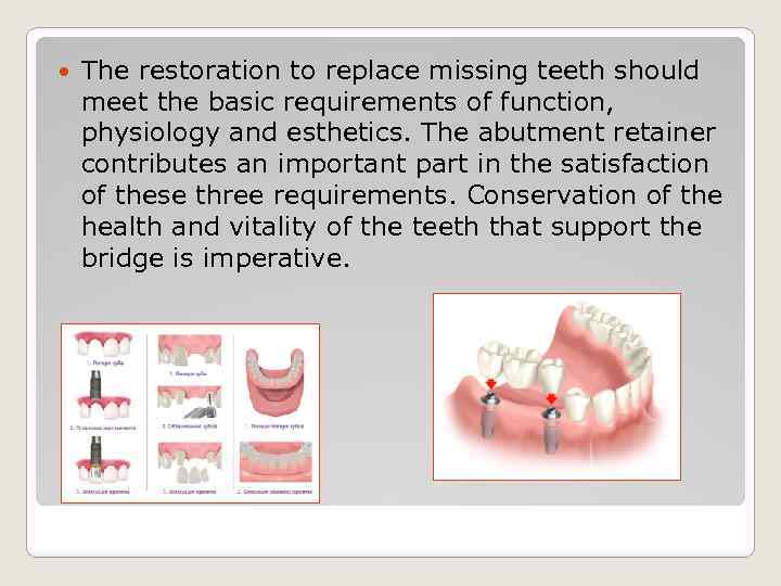  The restoration to replace missing teeth should meet the basic requirements of function,