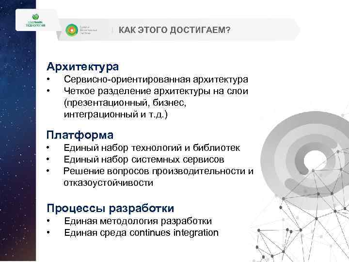 КАК ЭТОГО ДОСТИГАЕМ? Архитектура • • Сервисно-ориентированная архитектура Четкое разделение архитектуры на слои (презентационный,