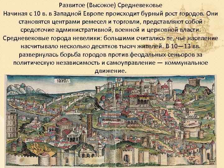 Развитое (Высокое) Средневековье Начиная с 10 в. в Западной Европе происходит бурный рост городов.