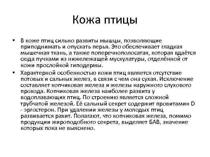 Кожа птицы • В коже птиц сильно развиты мышцы, позволяющие приподнимать и опускать перья.