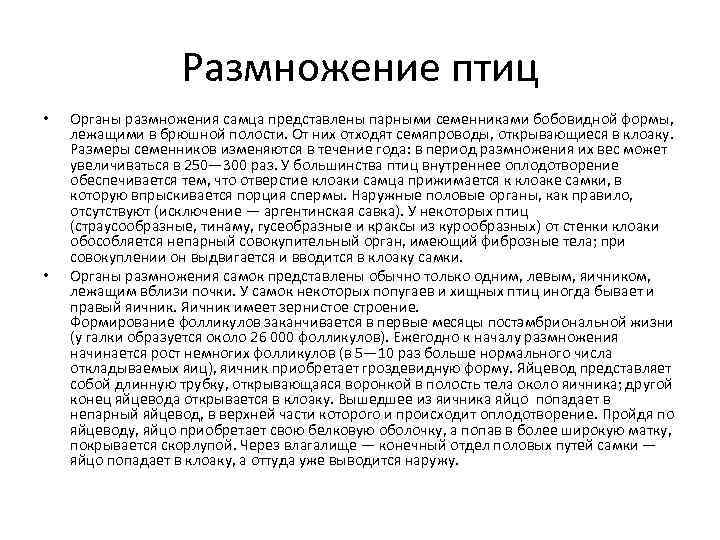 Размножение птиц • • Органы размножения самца представлены парными семенниками бобовидной формы, лежащими в
