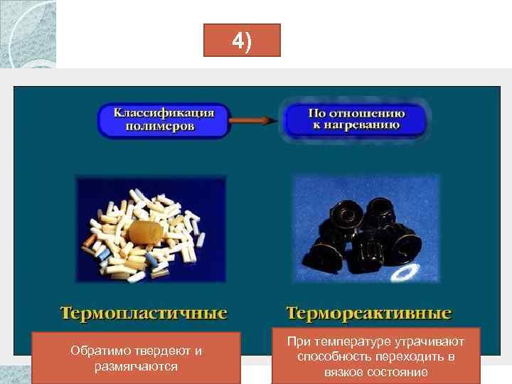 4) Обратимо твердеют и размягчаются При температуре утрачивают способность переходить в вязкое состояние 