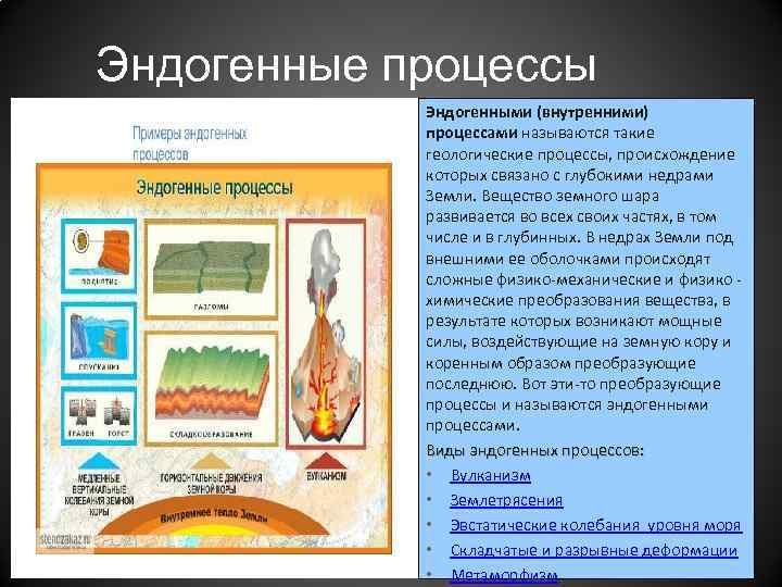 Эндогенные процессы Эндогенными (внутренними) процессами называются такие геологические процессы, происхождение которых связано с глубокими