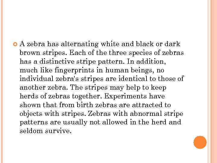  A zebra has alternating white and black or dark brown stripes. Each of