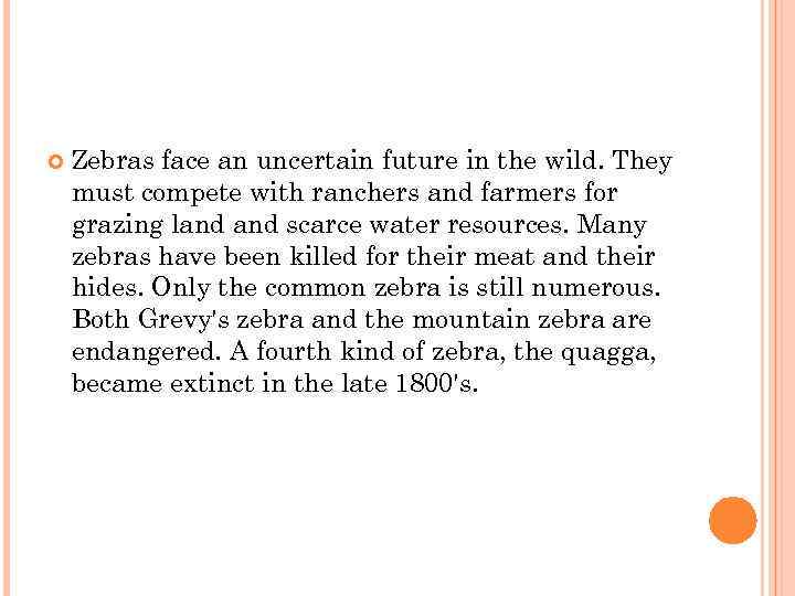  Zebras face an uncertain future in the wild. They must compete with ranchers