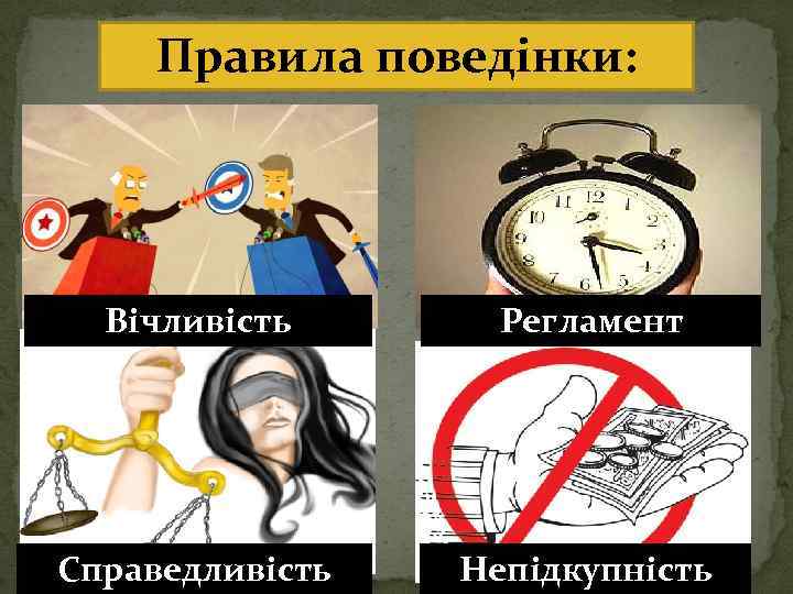 Правила поведінки: Вічливість Регламент Справедливість Непідкупність 