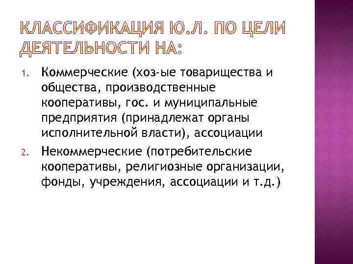 1. 2. Коммерческие (хоз-ые товарищества и общества, производственные кооперативы, гос. и муниципальные предприятия (принадлежат