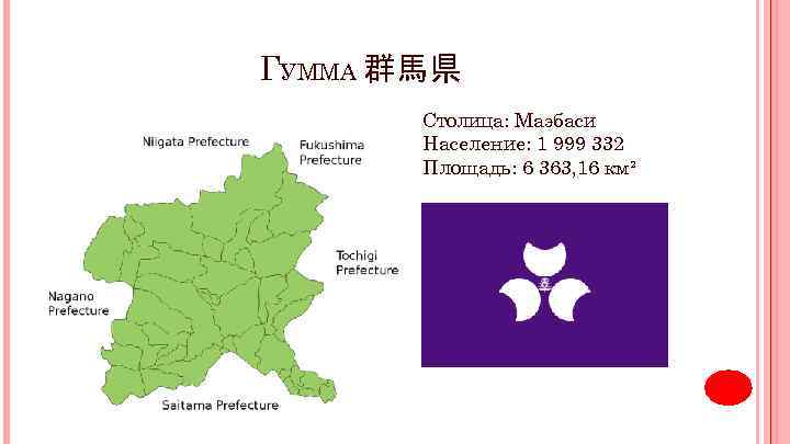 ГУММА 群馬県 Столица: Маэбаси Население: 1 999 332 Площадь: 6 363, 16 км² 