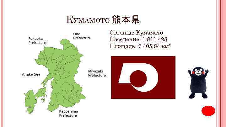 КУМАМОТО 熊本県 Столица: Кумамото Население: 1 811 498 Площадь: 7 405, 84 км² 