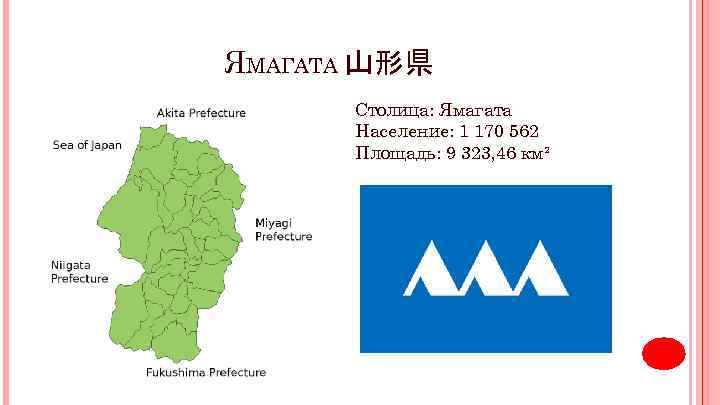 ЯМАГАТА 山形県 Столица: Ямагата Население: 1 170 562 Площадь: 9 323, 46 км² 