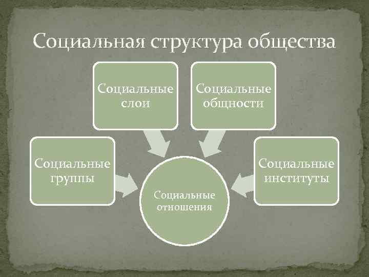 Социальная структура общества Социальные слои Социальные общности Социальные группы Социальные институты Социальные отношения 