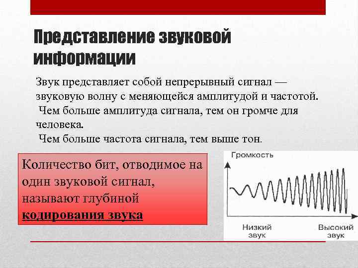 Представление звуковой информации Звук представляет собой непрерывный сигнал — звуковую волну с меняющейся амплитудой