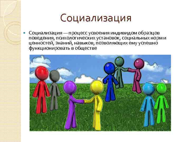 Социализация — процесс усвоения индивидом образцов поведения, психологических установок, социальных норм и ценностей, знаний,