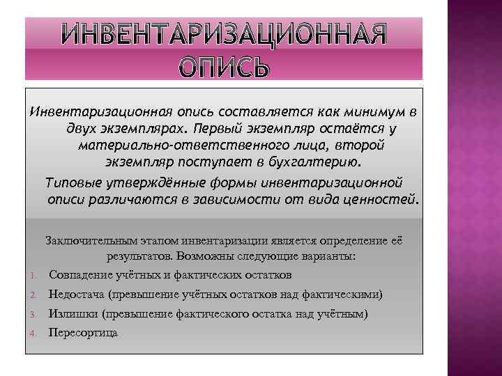 ИНВЕНТАРИЗАЦИОННАЯ ОПИСЬ Инвентаризационная опись составляется как минимум в двух экземплярах. Первый экземпляр остаётся у