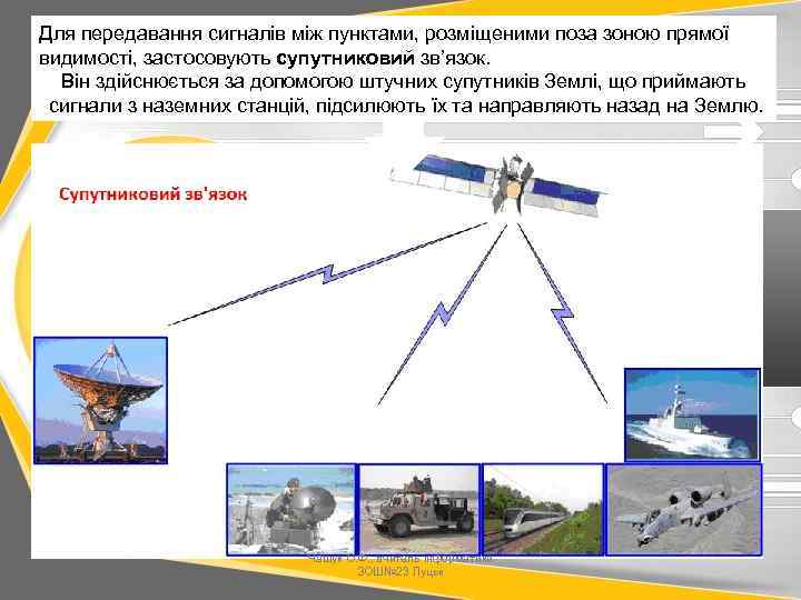 Для передавання сигналів між пунктами, розміщеними поза зоною прямої видимості, застосовують супутниковий зв’язок. Він