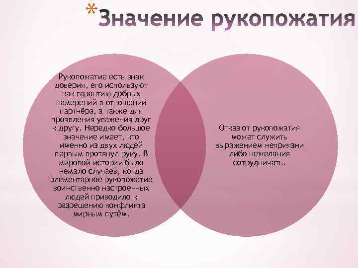 * Рукопожатие есть знак доверия, его используют как гарантию добрых намерений в отношении партнёра,