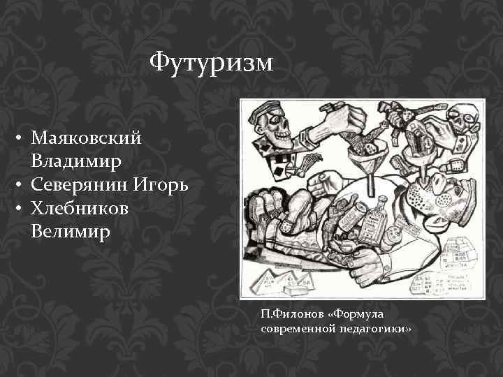 Футуризм • Маяковский Владимир • Северянин Игорь • Хлебников Велимир П. Филонов «Формула современной