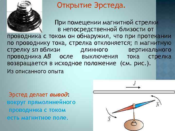 Открытие Эрстеда. При помещении магнитной стрелки в непосредственной близости от проводника с током он