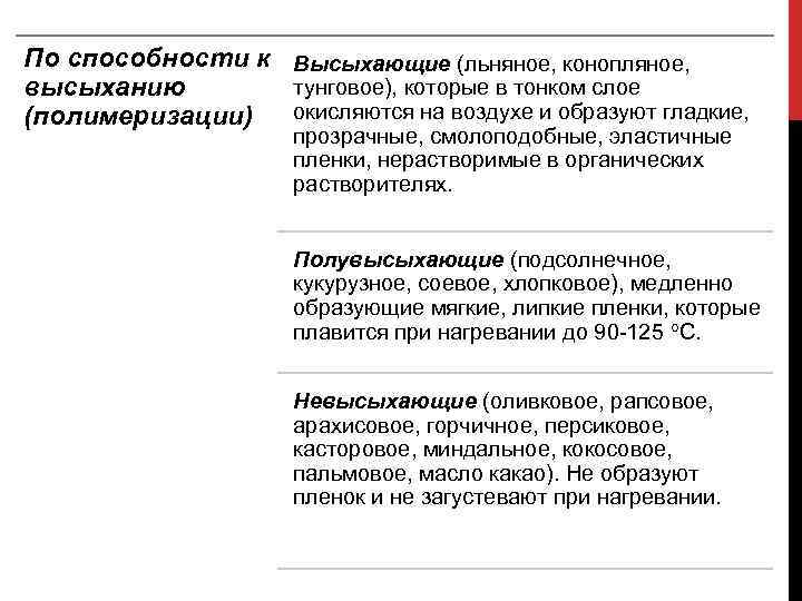 По способности к Высыхающие (льняное, конопляное, тунговое), которые в тонком слое высыханию окисляются на