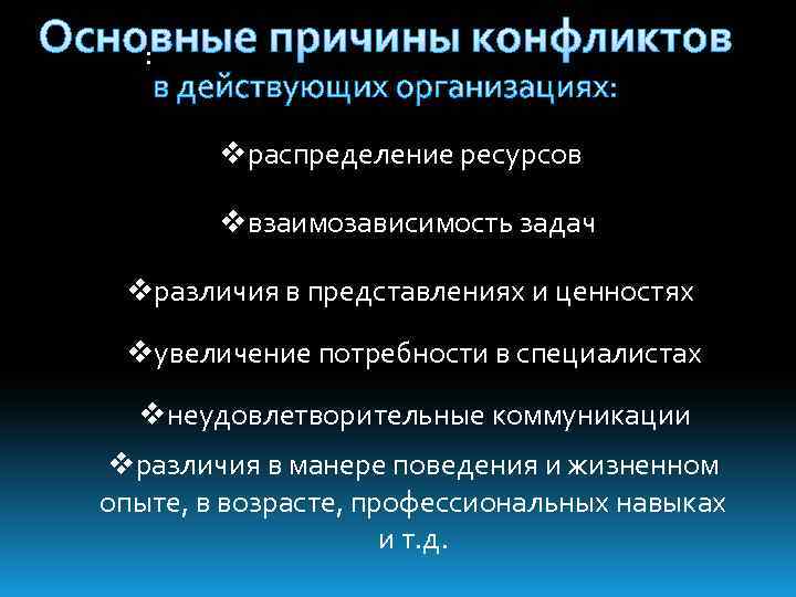 Основные причины конфликтов : в действующих организациях: vраспределение ресурсов vвзаимозависимость задач vразличия в представлениях