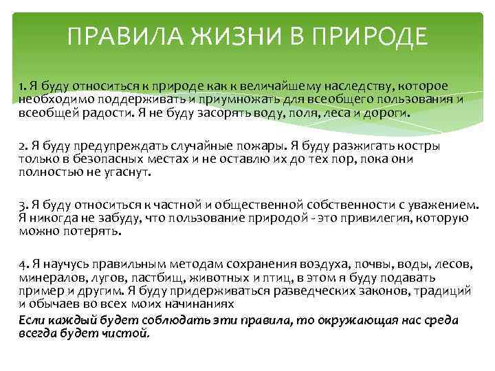 ПРАВИЛА ЖИЗНИ В ПРИРОДЕ 1. Я буду относиться к природе как к величайшему наследству,