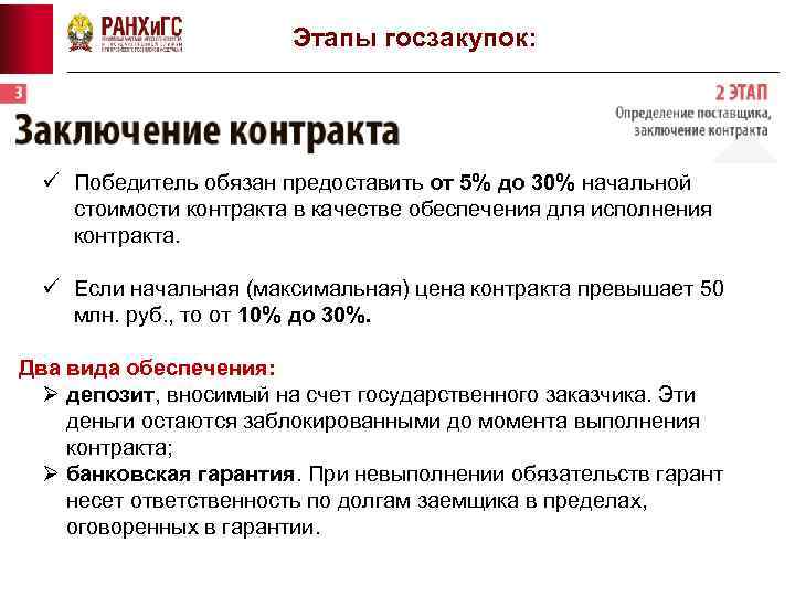 Этапы госзакупок: ü Победитель обязан предоставить от 5% до 30% начальной стоимости контракта в