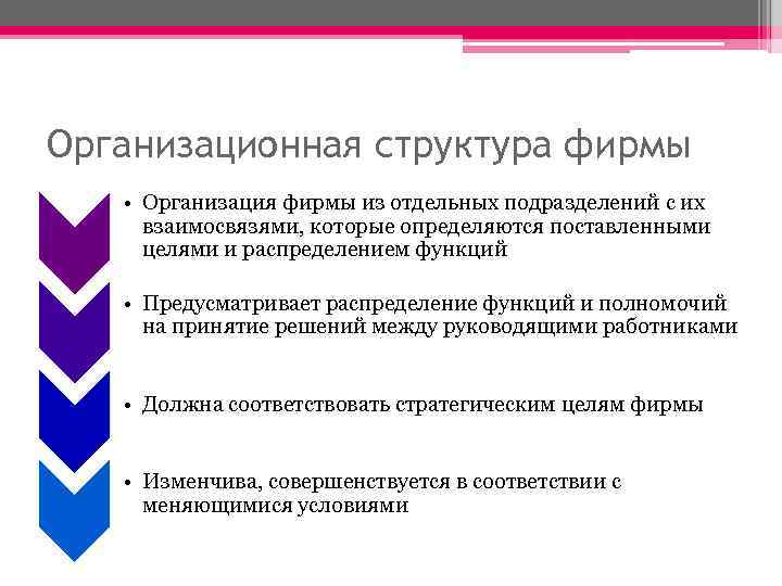 Организационная структура фирмы • Организация фирмы из отдельных подразделений с их взаимосвязями, которые определяются