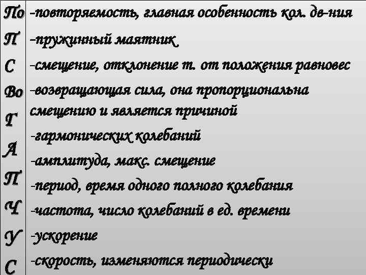 По -повторяемость, главная особенность кол. дв-ния П -пружинный маятник С -смещение, отклонение т. от