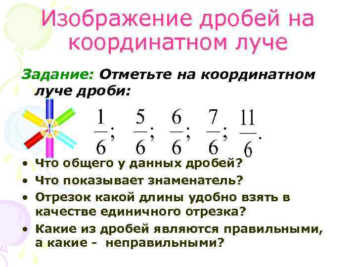 Изображение дробей на координатном луче Задание: Отметьте на координатном луче дроби: • Что общего