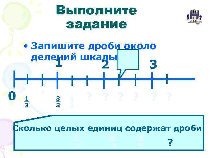 Выполните задание • Запишите дроби около делений шкалы 7 1 0 1 3 ?