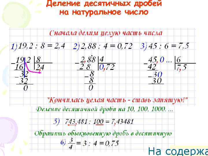 Деление десятичных дробей на натуральное число На содержа 