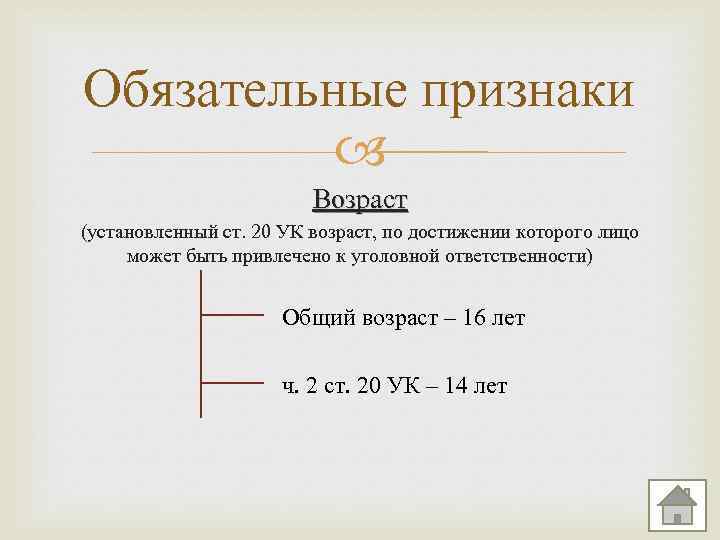 Обязательные признаки Возраст (установленный ст. 20 УК возраст, по достижении которого лицо может быть