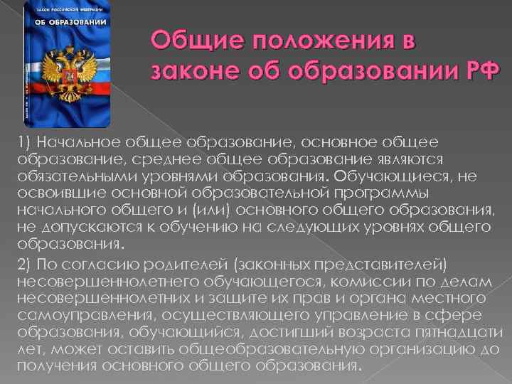 Общие положения в законе об образовании РФ 1) Начальное общее образование, основное общее образование,