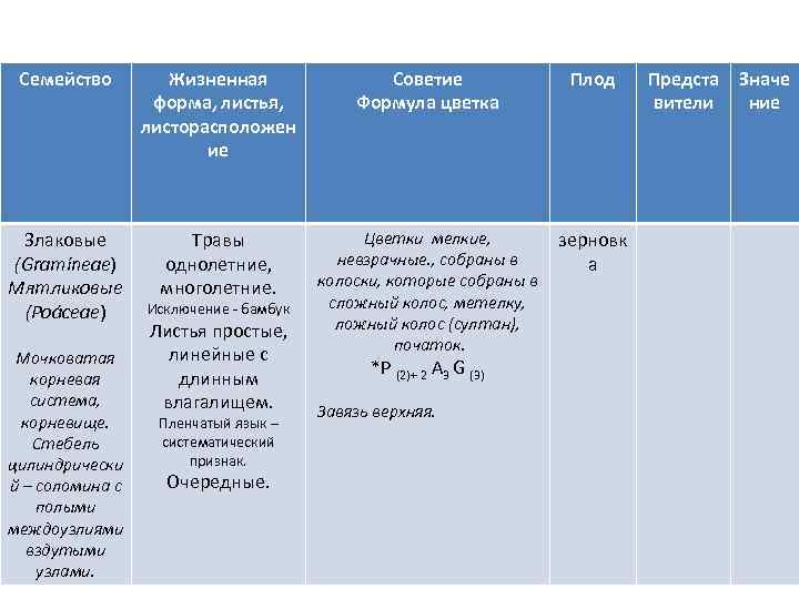 Семейство Жизненная форма, листья, листорасположен ие Злаковые (Gramíneae) Мятликовые (Poáceae) Травы однолетние, многолетние. Мочковатая