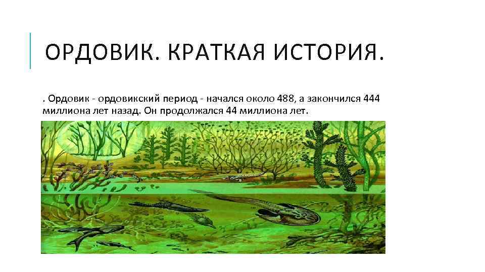 ОРДОВИК. КРАТКАЯ ИСТОРИЯ. . Ордовик - ордовикский период - начался около 488, а закончился