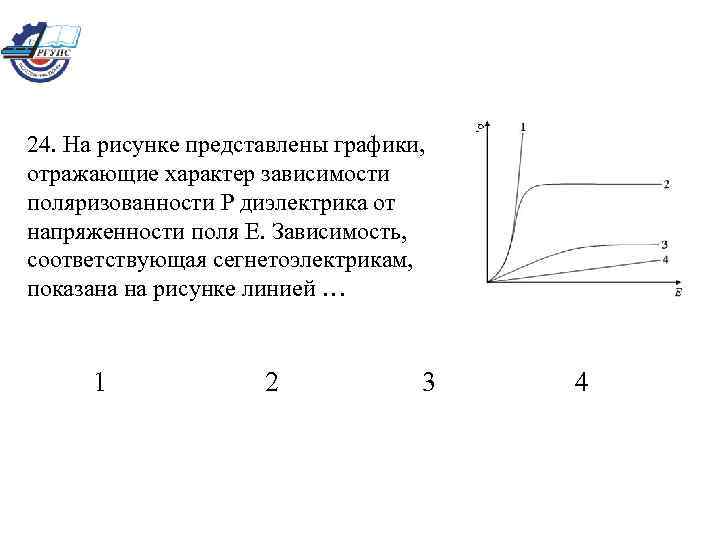 24. На рисунке представлены графики, отражающие характер зависимости поляризованности Р диэлектрика от напряженности поля