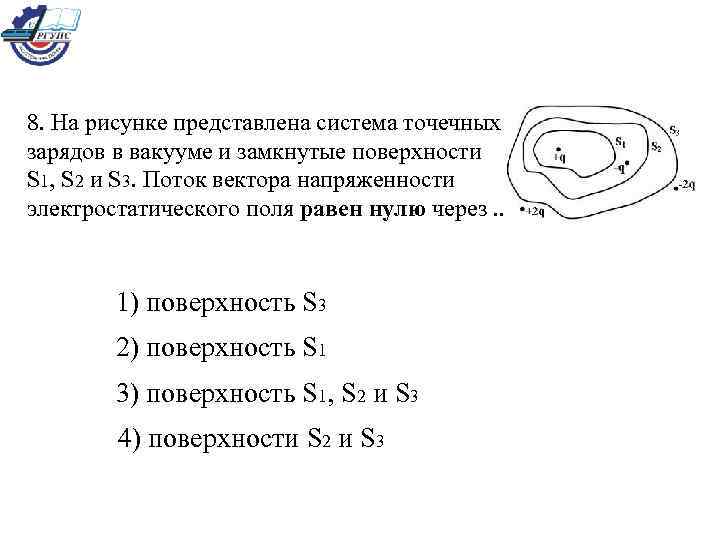 8. На рисунке представлена система точечных зарядов в вакууме и замкнутые поверхности S 1,