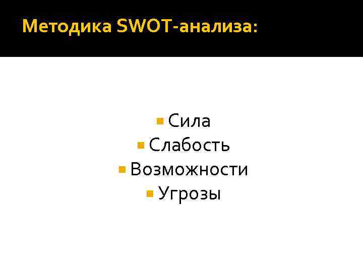 Методика SWOT-анализа: Сила Слабость Возможности Угрозы 