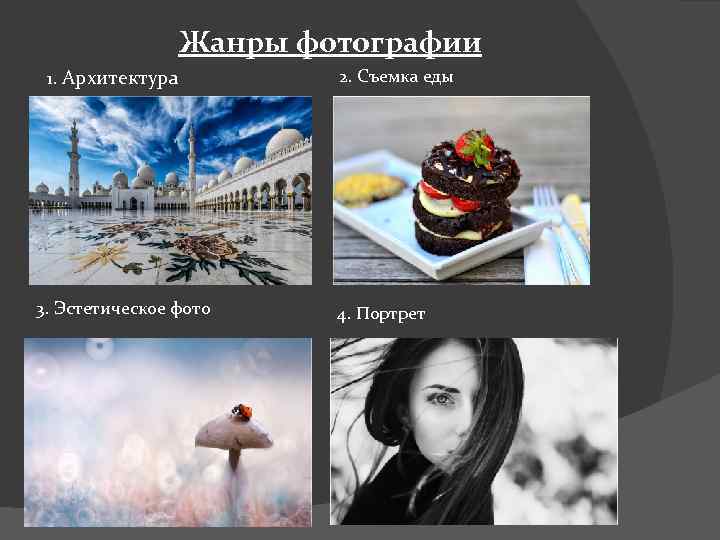 Жанры фотографии 1. Архитектура 3. Эстетическое фото 2. Съемка еды 4. Портрет 