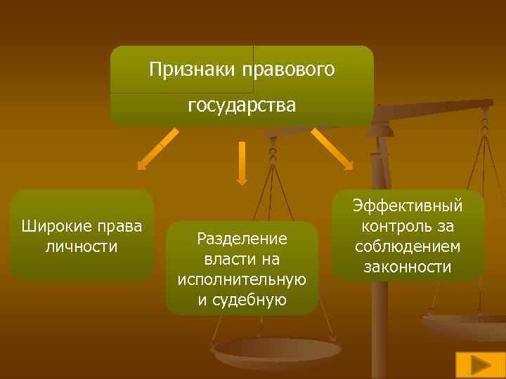 Признаки правового государства Широкие права личности Разделение власти на исполнительную и судебную Эффективный контроль