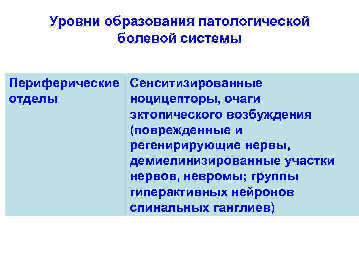 Уровни образования патологической болевой системы Периферические Сенситизированные отделы ноцицепторы, очаги эктопического возбуждения (поврежденные и